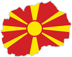 Sie zeigt drei waagerechte streifen in rot, weiß und blau, und in der mitte das staatswappen. Auf Contour Geschnittene Flagge Nordmazedonien Grosse 1