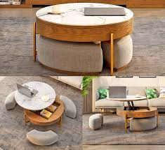 The arnei coffee table is perfect for small spaces. This Amazing Rising Coffee Table Has 3 Integrated Ottomans That Hide Underneath It Diy Furniture Table Living Room Ottoman Coffee Table Coffee Table