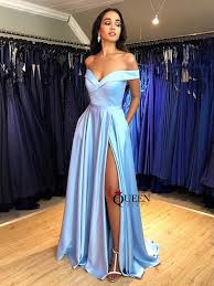 Long Light Blue Off The Shoulder Satin Prom Formal Dress Sky Blue Evening Gowns With High Slit Queenparty Online Store Powered By Storenvy