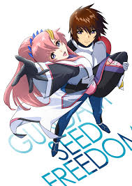 takatoshi, kira yamato, lacus clyne, gundam, gundam seed, gundam seed  freedom, pilot suit, highres, 1boy, 1girl, alternate costume, blue eyes,  bodysuit, breasts, brown hair, carrying, copyright name, couple, gloves,  hair ornament, hetero,