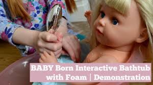 Baby born interactive doll with 9 ways to nurture, eats, drinks, cries, sleeps, bathes, and wets; Baby Born Interactive Bath With Foam Unboxing Review Demonstration Youtube