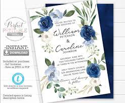 Navy Blue Wedding Invitation Template Light Blue Floral Etsy In 2021 Modern Wedding Invitation Wording Peony Wedding Invitations Wedding Invitation Templates
