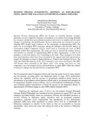 The study uses balanced panel data value creation in malaysian government linked companies (glcs) can improve performance by maximizing earnings per share, create sustainability. Business Process Outsourcing Adoption An Exploratory Study Among The Malaysian Government Linked Companies