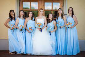 Light Blue Bridesmaid Dresses Blue And Peach Bridesmaid Bouquets Summer Wedding De Wedding Bridesmaids Dresses Blue Light Blue Bridesmaid Bridesmaid Dresses