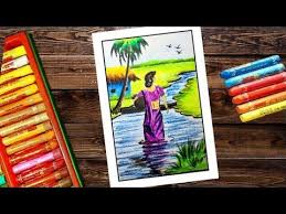 Woman Carrying Water In Pot Oil Pastels Drawing Oil Pastel Drawings Pastel Drawing Oil Pastel