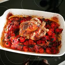 Coquelet Au Four Tomates Cerises Lard Fume Et Olives