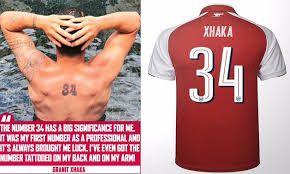 Switzerland midfielder granit xhaka tells us the meaning behind his tattoos in the latest arsenal ink, looking at new designs on instagram and what he'll hav. Arsenal S Granit Xhaka Switches Shirt Number From 29 To 34 For Next Season Daily Mail Online