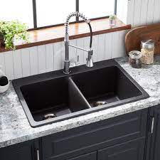The color is very well chosen because it will mask the hard water stains that might appear on its surface. 33 Totten Double Bowl Granite Composite Drop In Kitchen Sink Black