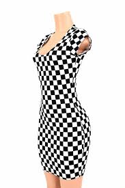 Black And White Checkered Bodycon Dress Uv Glow Black White Checkered Winners Flag Print Spandex Bodycon Clubwear Cap Sleeve Mini Dress 150142 Mini Dress With Sleeves Mini Dress Clubwear