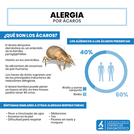 Los ácaros son uno de los principales factores por los cuales se producen  #alergias. Estos son unos arácnidos de la familia pyroglyphidae y  comúnmente habitan en los domicilios. Se alimentan de escamas