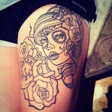 Black Lines Dia De Los Muertos Tattoo On Thigh Skull Thigh Tattoos Thigh Tattoo Designs Sugar Skull Tattoos