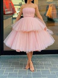 Strapless Tea Length Blush Pink Prom Dresses Layered Tulle Hoco Dress Sd1241b Blush Pink Prom Dresses Hoco Dresses Tea Length Prom Dress