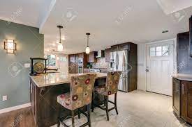 Join our eat well, be well culture. Beautiful Modernized Epicurean Kitchen With Natural Brown Cabinets Granite Countertops And Mosaic Backsplash Northwest Usa Stock Photo Picture And Royalty Free Image Image 90001007