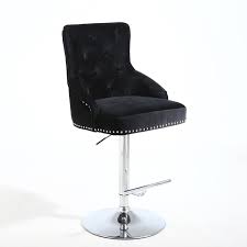 Features horizontal channel tufting on the seatback with an exposed black steel frame. Black Velvet Adjustable Bar Stool Rocco Furniture123