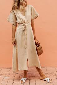 My Dear This Is A Midi Length Dress That Ties At The Waist Centre Front Button Entry Fitted Waist 2 4 Sleeve V Neckline Be Fashion Khaki Dress Casual Dresses