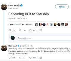 0 ответов 0 ретвитов 0 отметок «нравится». Elon Musk Renames His Bfr Spacecraft Starship Bbc News