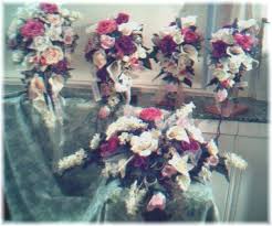 Faux flower wedding bridal bouquet in white and blue, with eucalyptus greenery. Wedding Floral Packages