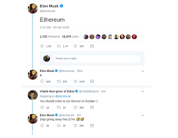 Elon musk s'est amusé sur twitter suite à un sondage de l'équipe du doge coin. Move Over Bitcoin And Dogecoin Elon Musk Is Tweeting About Ethereum