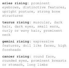 When ascending, gives a body of medium height, weak and unproportionate, a large upper body and slender limbs. Astrology Angels On Twitter Physical Features Of The Rising Signs Https T Co A46oe8wmbk