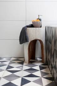 Bathroom With Unique Wood Stool And Geometric Floor Tile Sfgirlbybay In 2020 Geometric Floor Geometric Decor Modern Geometric Decor