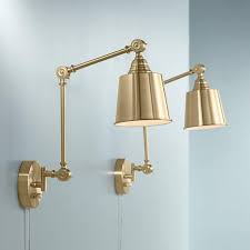 Set Of 2 Mendes Antique Brass Down Light Plug In Wall Lamps 23r80 Lamps Plus