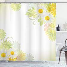 This cotton shower curtain displays a photo realistic floral print for a beautifully stunning look. Amazon Com Ambesonne Flower Shower Curtain Floral Daisies Abstract Oriental Details And Leaves With Sun Like Art Print Cloth Fabric Bathroom Decor Set With Hooks 70 Long White Yellow Home Kitchen