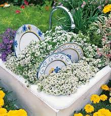 What A Great Way To Re Purpose An Old Sink And Dishes With Images Garden Containers Bloom Where Youre Planted Garden Inspiration