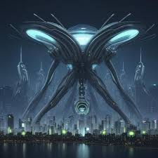 Futuristic alien city with alien spiders in foregr...