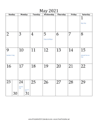 The printable pdf calendar includes both sunday and monday start versions and comes in a horizontal and vertical format. Printable May 2021 Calendar Vertical