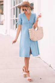 Blue Button Front Midi Dress Straight A Style Summer Hats For Women Summer Work Outfits Holiday Outfits Summer