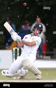 Derbyshire's Wayne Madsen ducks a bouncer from the bowling of Durham's  Chris Rushworth, during the Specsavers County Championship, Division One  match at Queens Park, Chesterfield Stock Photo