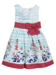 Nautical Border Print With Dot Bow And Trim Summer Dress Counting Daisies Little Girls 2 6x