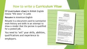 A cv (short for curriculum vitae) is a written document that contains a summary of your skills, work experience, achievements and education. How To Write A Curriculum Vitae Prezentaciya Onlajn