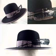 100 Furfelt Handmade Open Crown Wide Brim Black With Vintage Grey Ribbon And Binding Topped Off With A Hand Painted F Hats For Men Shoe Tie Mens Dress Hats