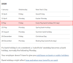 The first monday of may is a bank holiday in the united kingdom. The Early 2020 Uk May Bank Holiday Will Be Moved To Mark 75th Anniversary Of Ve Day Don T Be Caught Out