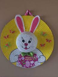 Easter Bunny Wreath Made From Straw Hat 18 Round Top Purchased From Amazon Coat Entire Front Of Hat With Straw Hat Crafts Easter Bunny Wreath Easter Crafts