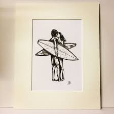 Valentine 39 S Mounted Signed Print Of Biro Sketch Surfers Kiss Couple Love Surfer Girl Surf Art Surfgirl Illustration Surf Art Surf Drawing Surf Tattoo
