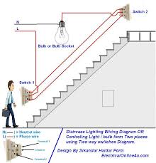 Two way switch lighting circuit diagrams here is our selection of two way switch circuit diagrams. How To Control A Lamp Light Bulb From Two Places Using Two Way Switches For Staircase Lighting Circuit Electricalonline4u