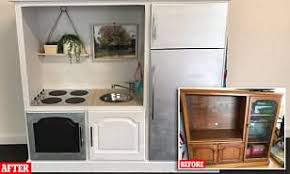 old $80 tv cabinet into play kitchen
