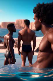 subtle-ibex600: fullbody, frottage, kissing between two men with dark black  skin, underwear, bright daylight, cinematic, ocean in background,  superrealistic