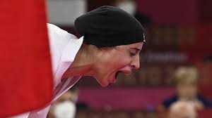 Feryal abdelaziz of team egypt celebrates after defeating irina zaretska of team azerbaijan during the women's karate kumite +61kg gold medal bout on day fifteen of the tokyo 2020 olympic games. Qpkasqfnqsvxsm