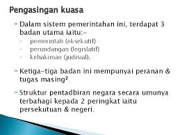 Menurut konsep pengasingan kuasa, kuasa pemerintahan di malaysia dibahagikan kepada tiga cabang, iaitu badan perundangan, badan pelaksana dan badan 2 markah. Bab 5 Sistem Pemerintahan Malaysia Objektif Pembelajaran Mengenalpasti