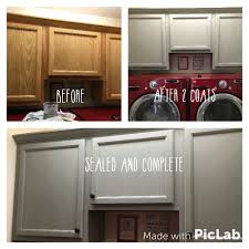 Then we lightly distressed the island and added rough cut wood to the back to give it even more visual interest. Laundry Cabinet Makeover Painted With Country Gray Rustoleum Chalk Paint Took Two Coats Over Oak T Kitchen Cabinets Makeover Kitchen Cabinets Kitchen Design