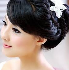 100% kanekalon braiding hair, kanakolan hair for braidin (#1 jet black) by jumbo braid. Asian Bridal Braid Updo With White Floral Hair Clip Png