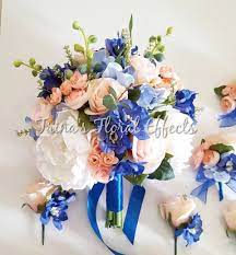 Peach color palettes for your wedding day. Peach And Royal Blue Wedding Bouquet Peach Roses Royal Blue Etsy