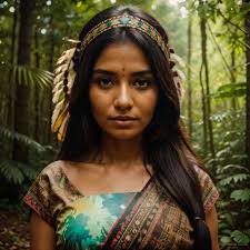 Una mujer en un bikini rojo de pie en un bosque