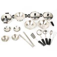 This set of 29 stainless steel kitchen tool comes with measuring cups and silver spoons. Buy 20 Pcs Set Children S Stainless Steel Kitchen Play House Toys Set Boys And Girls Cooking Rice Cooker Toys Pretend