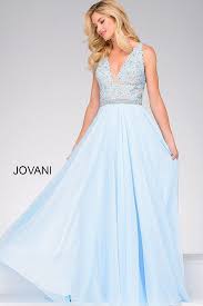 Jovani Dress 47948 Floor Length Light Blue Chiffon Gown With A Plunging V Neckline Light Blue Prom Dress Long Light Blue Prom Dress Prom Dresses Long Blue