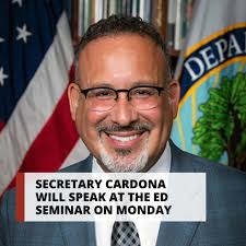 Get ready to be inspired! U.S. Secretary of Education Dr. Miguel A. Cardona  @seccardona is raising his voice at Monday's Seminar