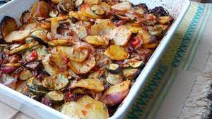 Briam Greek Baked Zucchini And Potatoes Recipe Vegetable Dishes Recipes Potato Recipes
